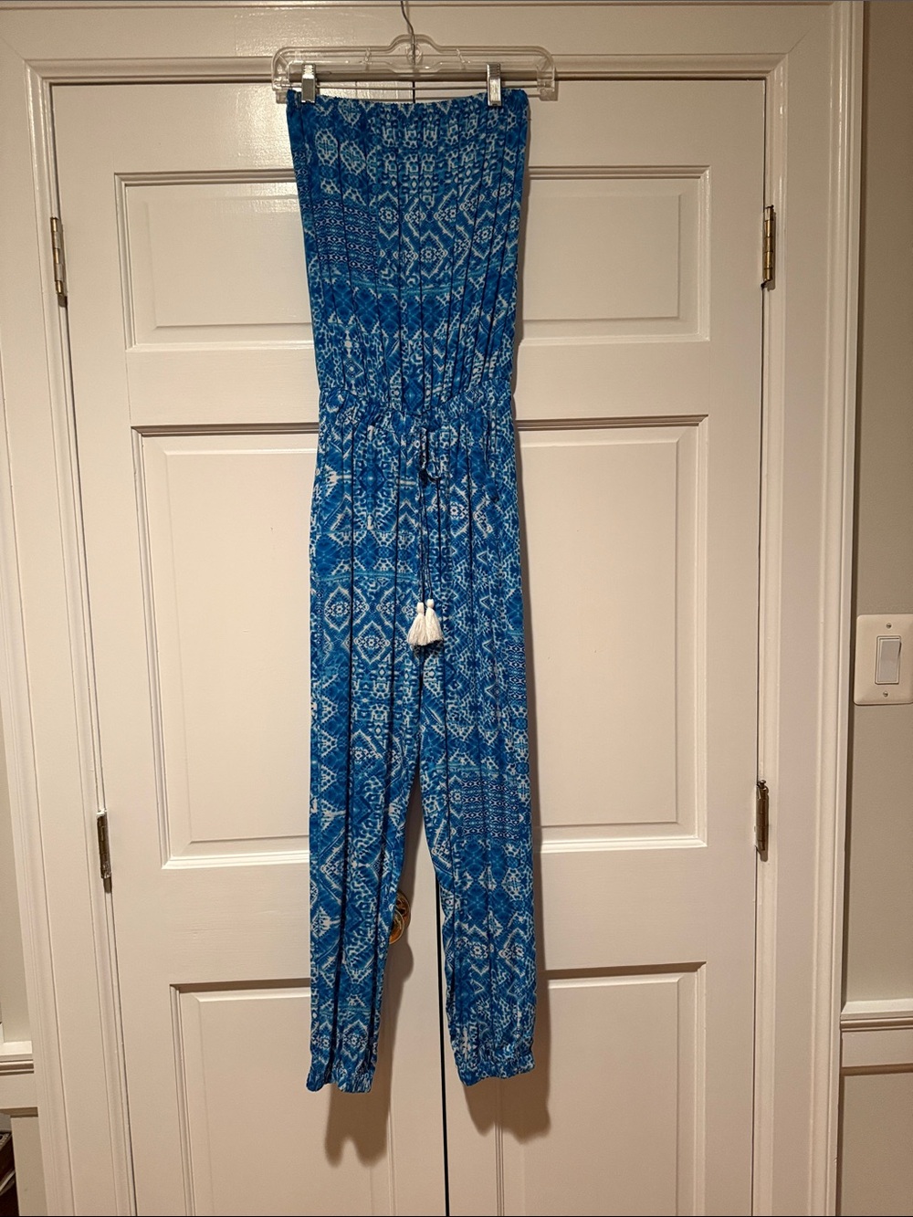 blue island Strapless Blue Printed Jumpsuit with Tassel Tie